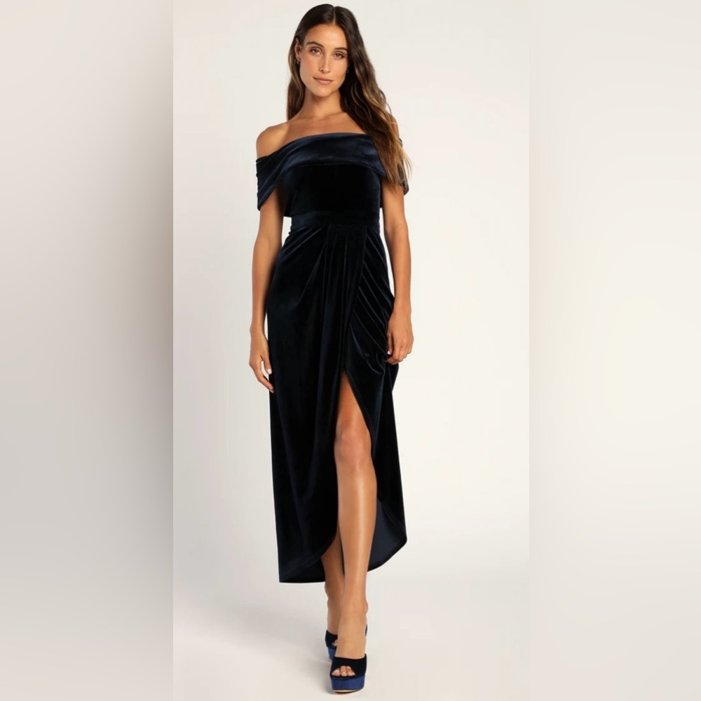 Lulus I'm Enchanted Navy Blue Velvet Off-the-Shoulder Maxi Dress ,Size L